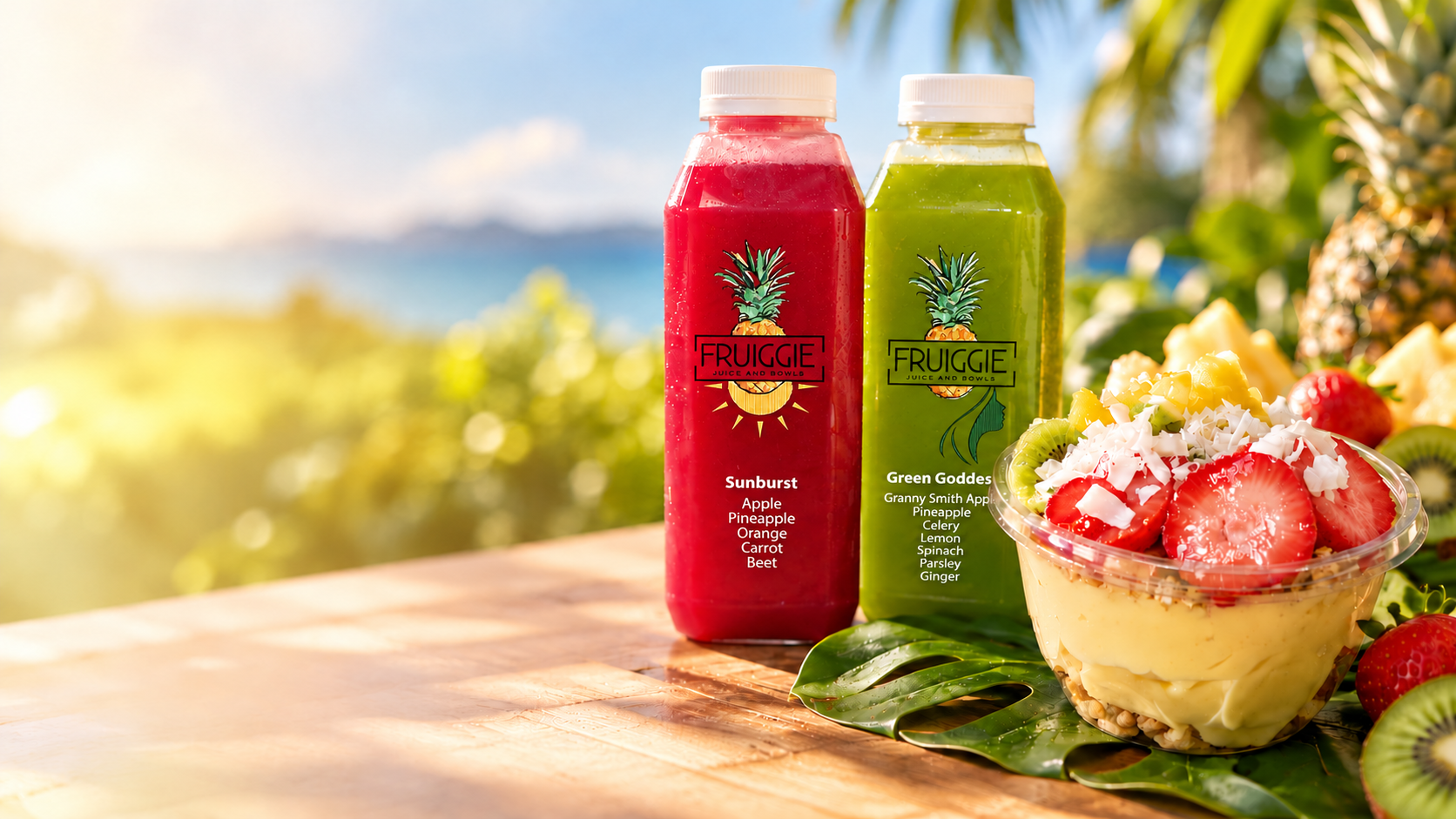 Fruiggie Sunburst and Green Goddess juices with a fresh fruit-topped Sunrise bowl